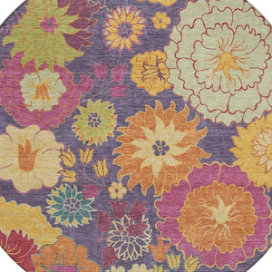 HomeRoots 8' Purple Gold and Pink Round Floral Area Rug – Stylish, Washable, Durable for Indoor & Outdoor Use 658083
