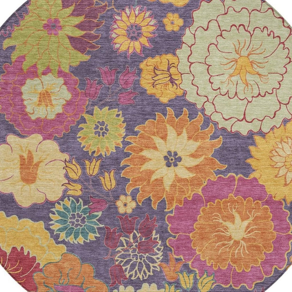 HomeRoots 8' Purple Gold and Pink Round Floral Area Rug – Stylish, Washable, Durable for Indoor & Outdoor Use 658083