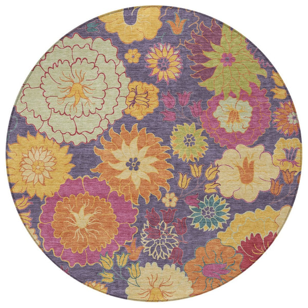 HomeRoots 8' Purple Gold and Pink Round Floral Area Rug – Stylish, Washable, Durable for Indoor & Outdoor Use 658083
