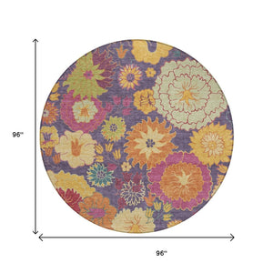 HomeRoots 8' Purple Gold and Pink Round Floral Area Rug – Stylish, Washable, Durable for Indoor & Outdoor Use 658083