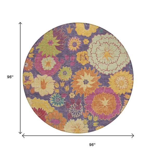 HomeRoots 8' Purple Gold and Pink Round Floral Area Rug – Stylish, Washable, Durable for Indoor & Outdoor Use 658083