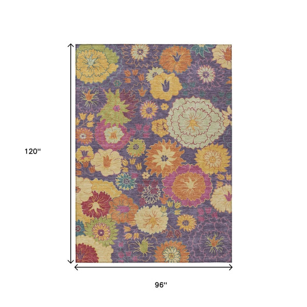HomeRoots 8' X 10' Vibrant Purple Gold Pink Floral Washable Area Rug for Indoor & Outdoor High-Traffic Spaces 658084