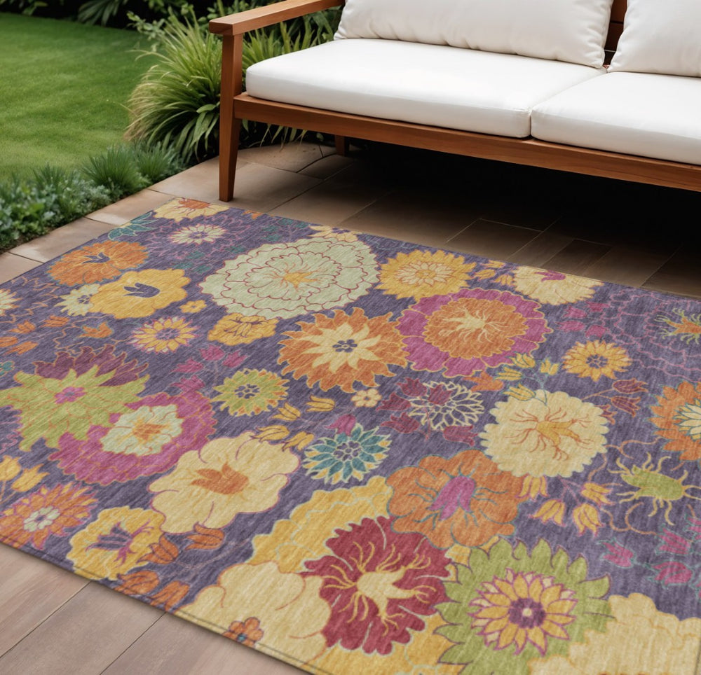 HomeRoots 10' Vibrant Purple Gold Pink Floral Washable Area Rug – Durable Indoor Outdoor Style for Any Space 658086