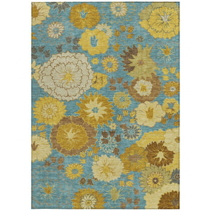 HomeRoots 5' Aqua Gold Beige Floral Area Rug - Washable Indoor Outdoor Design, Durable & Stain-Resistant! 658088