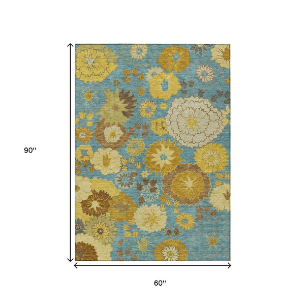 HomeRoots 5' Aqua Gold Beige Floral Area Rug - Washable Indoor Outdoor Design, Durable & Stain-Resistant! 658088