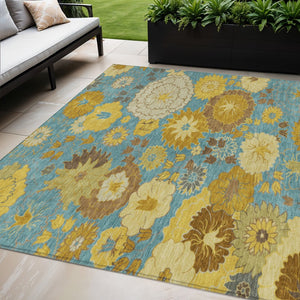 HomeRoots 5' Aqua Gold Beige Floral Area Rug - Washable Indoor Outdoor Design, Durable & Stain-Resistant! 658088