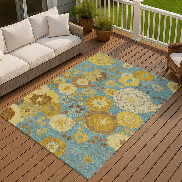 HomeRoots 5' Aqua Gold Beige Floral Area Rug - Washable Indoor Outdoor Design, Durable & Stain-Resistant! 658088