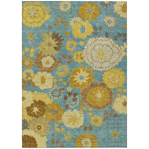 HomeRoots 5' Aqua Gold Beige Floral Area Rug - Washable Indoor Outdoor Design, Durable & Stain-Resistant! 658088