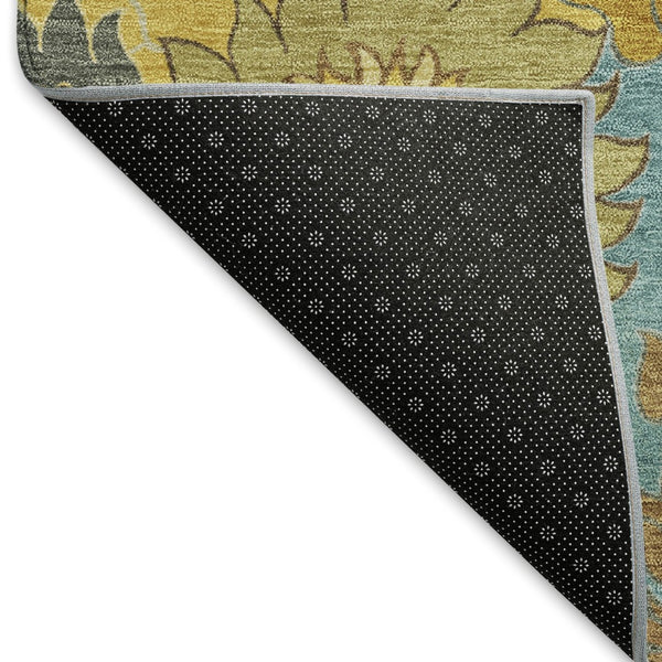HomeRoots 5' Aqua Gold Beige Floral Area Rug - Washable Indoor Outdoor Design, Durable & Stain-Resistant! 658088