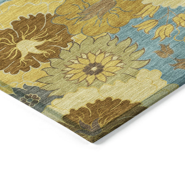 HomeRoots 5' Aqua Gold Beige Floral Area Rug - Washable Indoor Outdoor Design, Durable & Stain-Resistant! 658088
