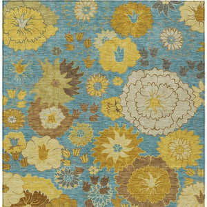 HomeRoots 5' Aqua Gold Beige Floral Area Rug - Washable Indoor Outdoor Design, Durable & Stain-Resistant! 658088