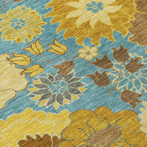 HomeRoots 5' Aqua Gold Beige Floral Area Rug - Washable Indoor Outdoor Design, Durable & Stain-Resistant! 658088