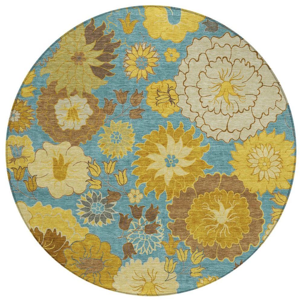 HomeRoots 8' Aqua Gold Beige Floral Round Rug - Durable Washable Design for Indoor & Outdoor Spaces, 8ft 658089