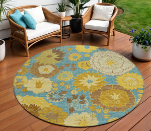 HomeRoots 8' Aqua Gold Beige Floral Round Rug - Durable Washable Design for Indoor & Outdoor Spaces, 8ft 658089