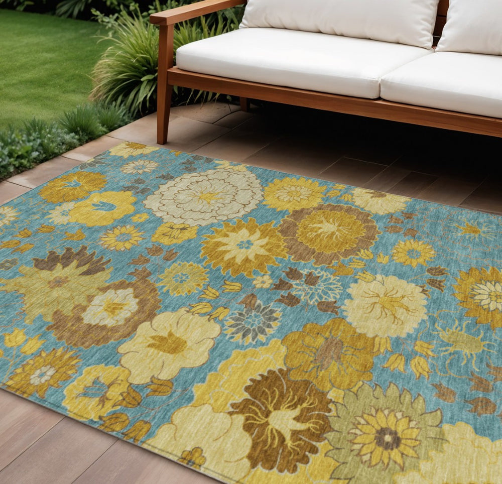 HomeRoots 8' X 10' Aqua Gold Floral Area Rug - Stylish, Washable, Durable for Indoor/Outdoor Use, Easy Care 658090