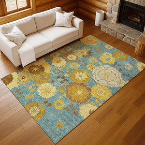 HomeRoots 10' Aqua Gold & Beige Floral Washable Area Rug – Durable Indoor/Outdoor Design for Elegant Spaces 658092