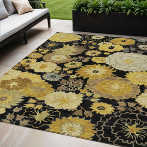 HomeRoots 5' Elegant Black Gold Beige Floral Washable Area Rug for Indoor & Outdoor Spaces, Durable & Stylish! 658094