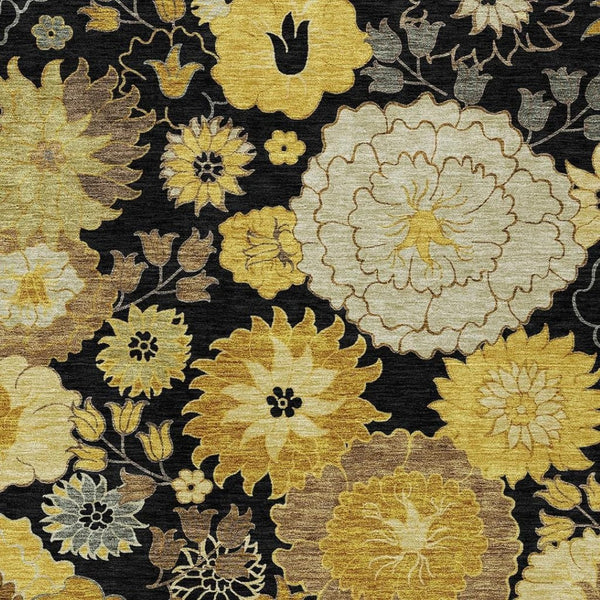 HomeRoots 5' Elegant Black Gold Beige Floral Washable Area Rug for Indoor & Outdoor Spaces, Durable & Stylish! 658094