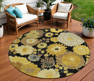 HomeRoots 8' Stylish Black Gold and Beige Round Floral Rug - Washable, Durable for Indoor & Outdoor Spaces 658095