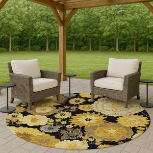 HomeRoots 8' Stylish Black Gold and Beige Round Floral Rug - Washable, Durable for Indoor & Outdoor Spaces 658095