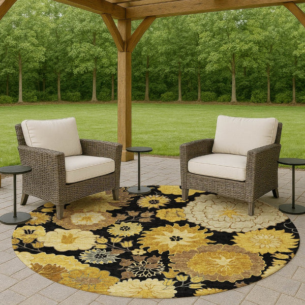 HomeRoots 8' Stylish Black Gold and Beige Round Floral Rug - Washable, Durable for Indoor & Outdoor Spaces 658095