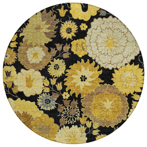 HomeRoots 8' Stylish Black Gold and Beige Round Floral Rug - Washable, Durable for Indoor & Outdoor Spaces 658095