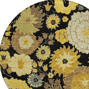 HomeRoots 8' Stylish Black Gold and Beige Round Floral Rug - Washable, Durable for Indoor & Outdoor Spaces 658095