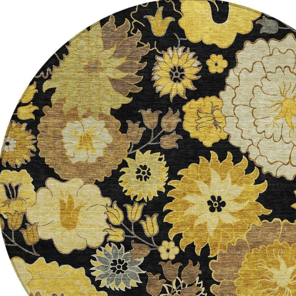 HomeRoots 8' Stylish Black Gold and Beige Round Floral Rug - Washable, Durable for Indoor & Outdoor Spaces 658095