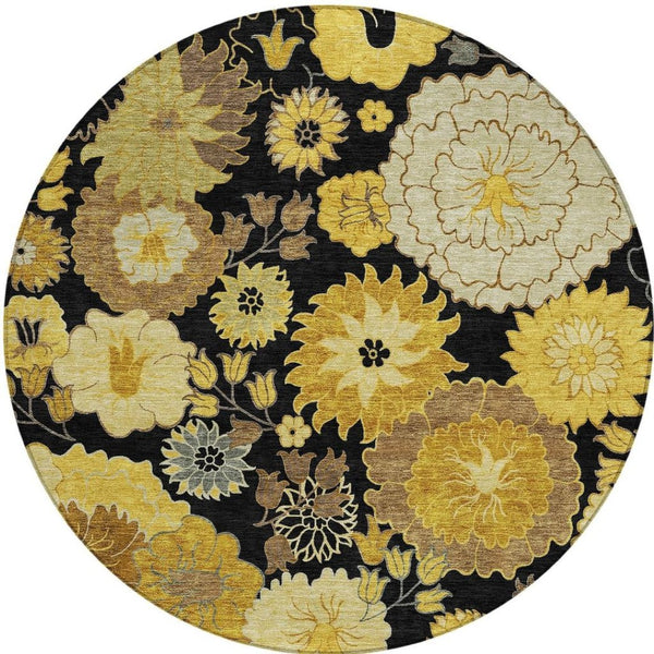 HomeRoots 8' Stylish Black Gold and Beige Round Floral Rug - Washable, Durable for Indoor & Outdoor Spaces 658095