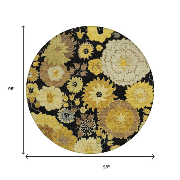 HomeRoots 8' Stylish Black Gold and Beige Round Floral Rug - Washable, Durable for Indoor & Outdoor Spaces 658095