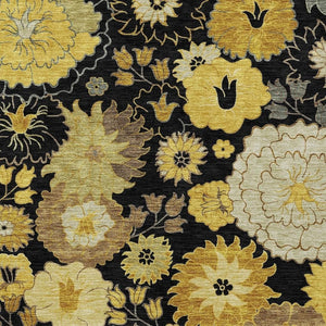 HomeRoots 9' X 12' Elegant Black Gold Beige Floral Area Rug - Durable, Washable Indoor Outdoor Design for All Spaces 658097