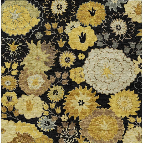 HomeRoots 10' Elegant Black Gold Beige Floral Washable Area Rug - Durable Indoor/Outdoor Design for All Spaces 658098