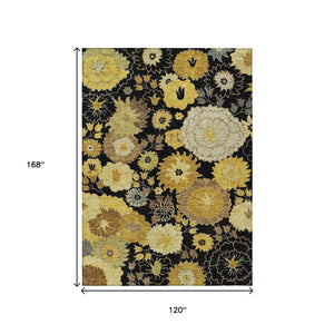 HomeRoots 10' Elegant Black Gold Beige Floral Washable Area Rug - Durable Indoor/Outdoor Design for All Spaces 658098