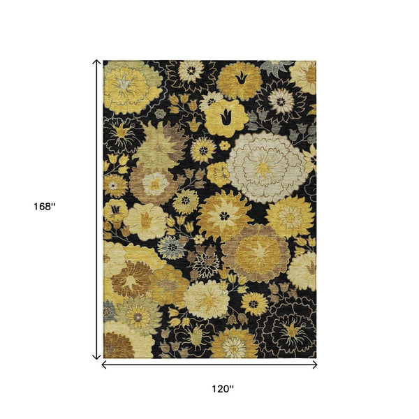 HomeRoots 10' Elegant Black Gold Beige Floral Washable Area Rug - Durable Indoor/Outdoor Design for All Spaces 658098