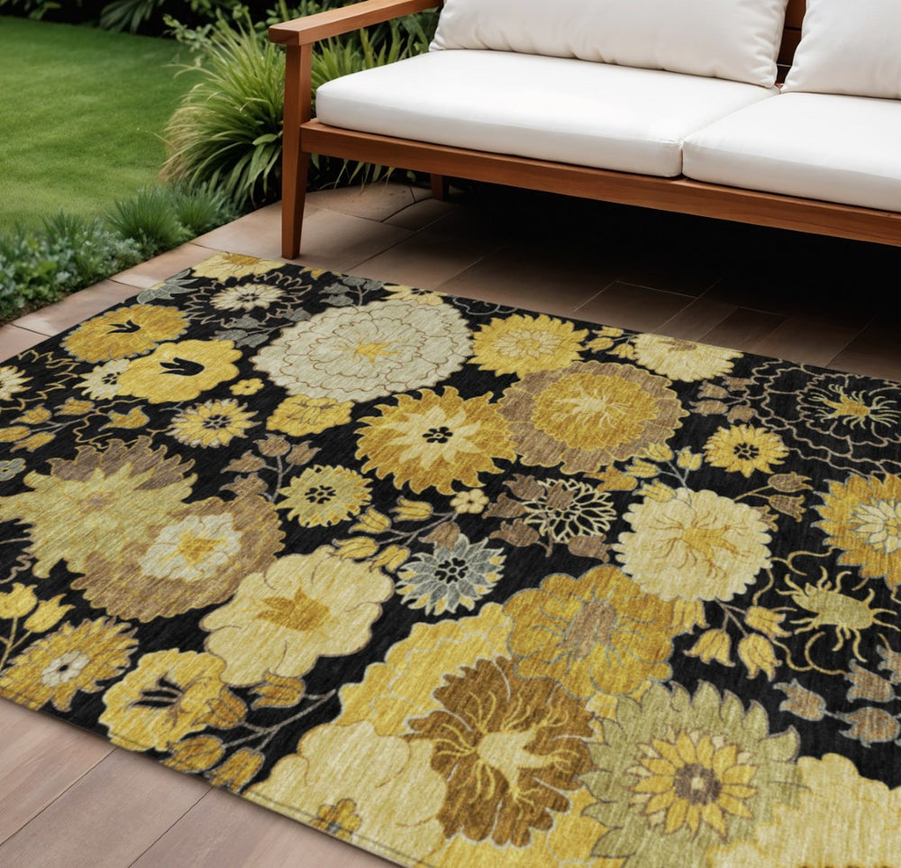 HomeRoots 10' Elegant Black Gold Beige Floral Washable Area Rug - Durable Indoor/Outdoor Design for All Spaces 658098