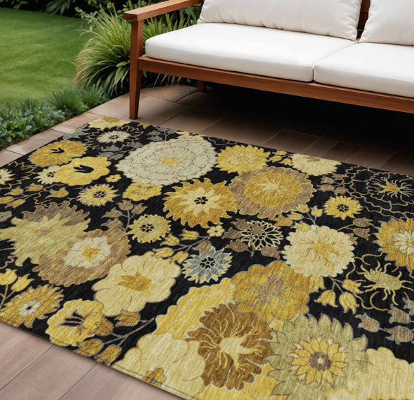 HomeRoots 10' Elegant Black Gold Beige Floral Washable Area Rug - Durable Indoor/Outdoor Design for All Spaces 658098