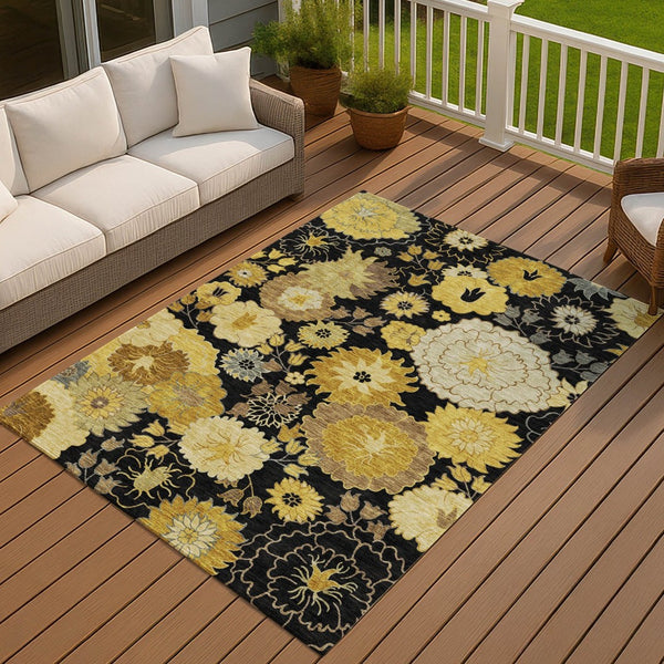 HomeRoots 10' Elegant Black Gold Beige Floral Washable Area Rug - Durable Indoor/Outdoor Design for All Spaces 658098