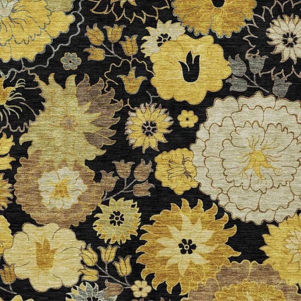 HomeRoots 10' Elegant Black Gold Beige Floral Washable Area Rug - Durable Indoor/Outdoor Design for All Spaces 658098