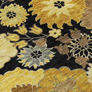 HomeRoots 10' Elegant Black Gold Beige Floral Washable Area Rug - Durable Indoor/Outdoor Design for All Spaces 658098