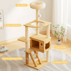 English Elm 48.8" Modern Wood Cat Tower Sisal Posts Acrylic Hammock Perch for Indoor Cats W3101P314628