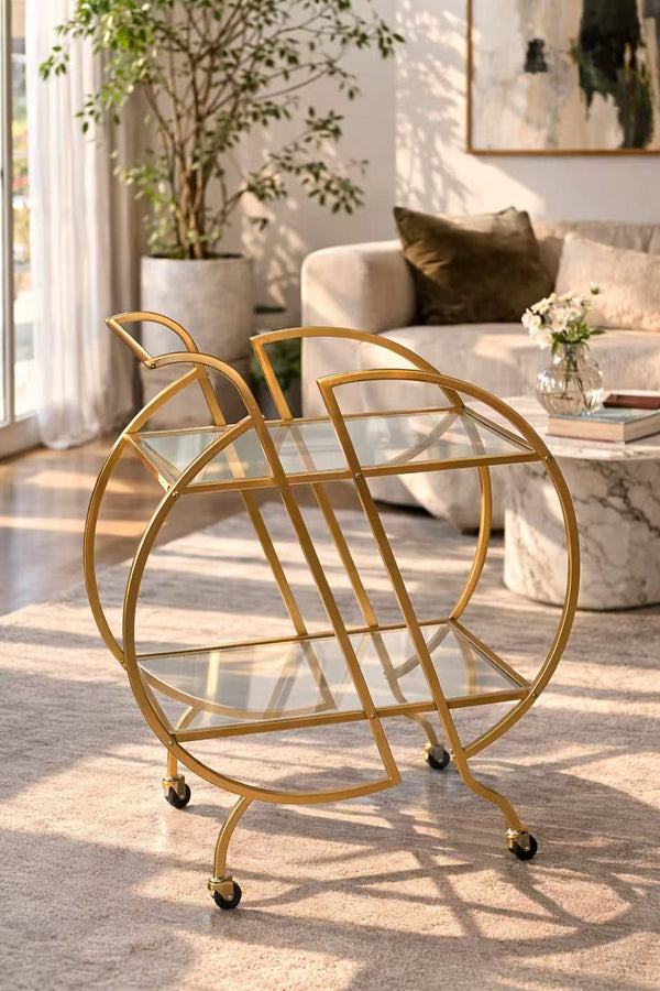 English Elm Gold Rolling Bar Cart with Mirrored Glass Shelves and Lockable Wheels for Glam Spaces W3123P480999