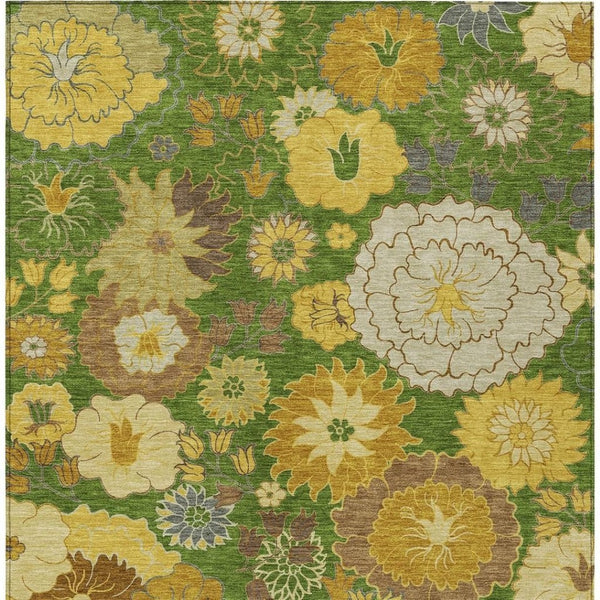 HomeRoots 5' X 8' Washable Floral Area Rug in Fern Green, Gold & Beige – Ideal for Indoor & Outdoor Spaces! 658100