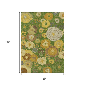 HomeRoots 5' X 8' Washable Floral Area Rug in Fern Green, Gold & Beige – Ideal for Indoor & Outdoor Spaces! 658100