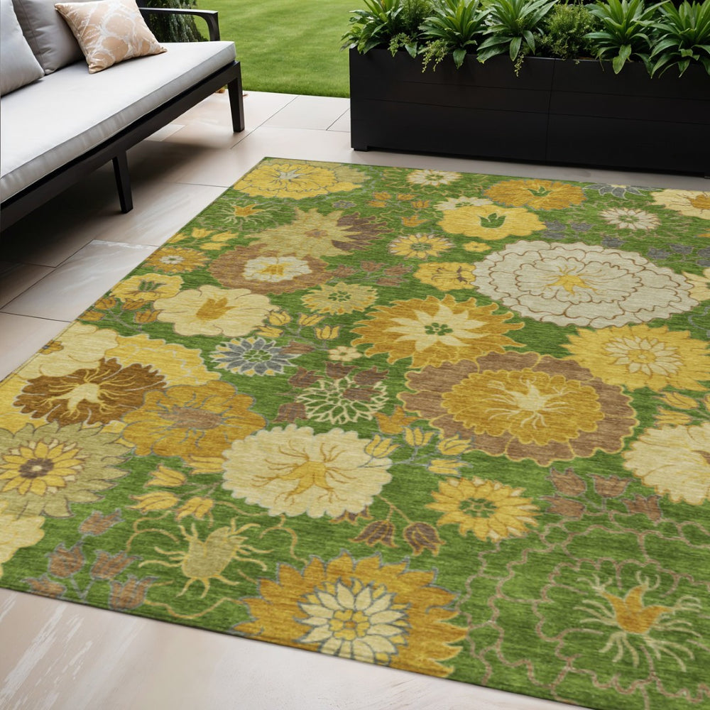 HomeRoots 5' X 8' Washable Floral Area Rug in Fern Green, Gold & Beige – Ideal for Indoor & Outdoor Spaces! 658100