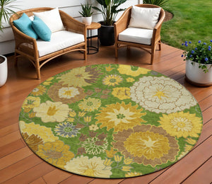 HomeRoots 8' Floral Washable Area Rug - Fern Green, Gold & Beige Round Design for Indoor/Outdoor Spaces 658101