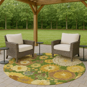 HomeRoots 8' Floral Washable Area Rug - Fern Green, Gold & Beige Round Design for Indoor/Outdoor Spaces 658101