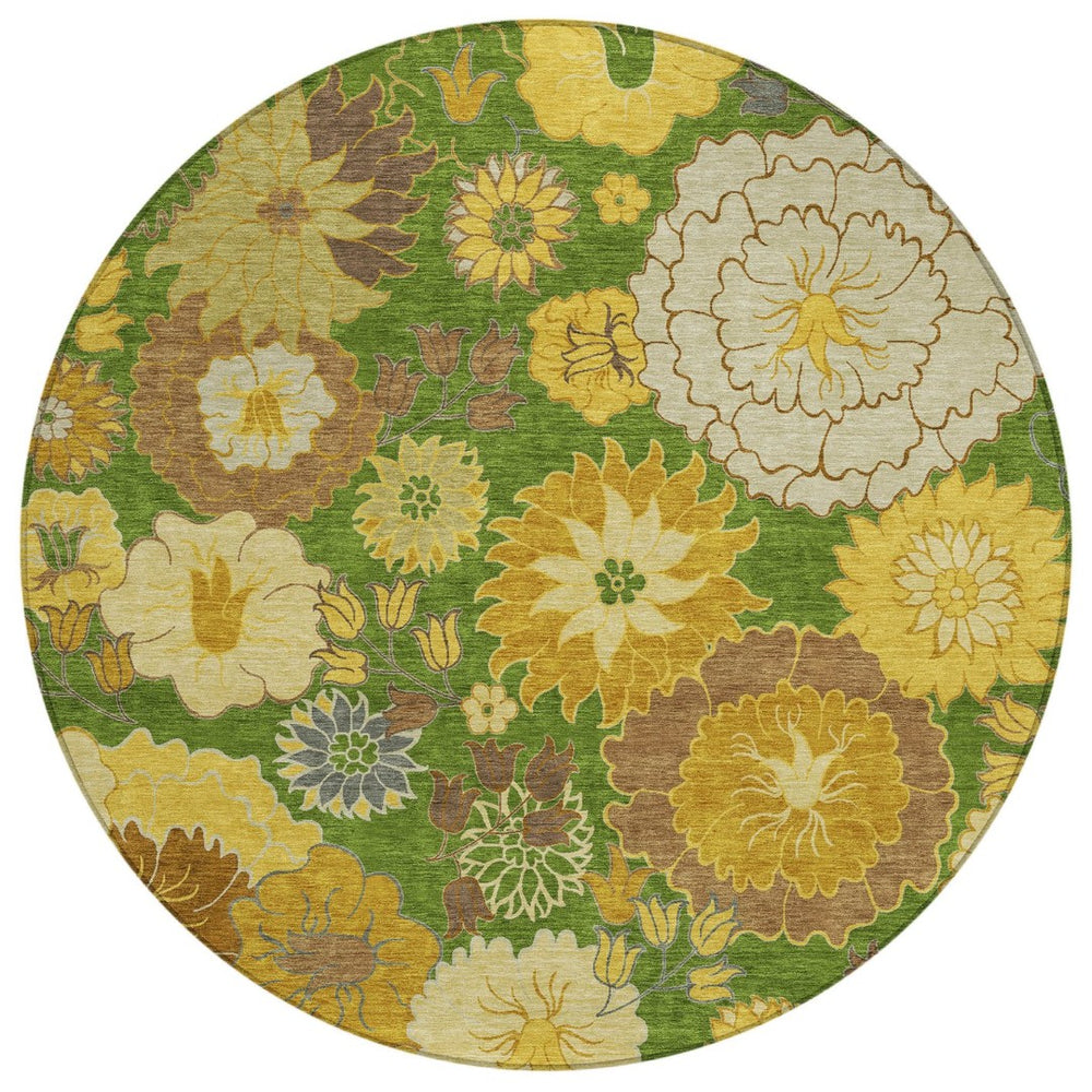 HomeRoots 8' Floral Washable Area Rug - Fern Green, Gold & Beige Round Design for Indoor/Outdoor Spaces 658101