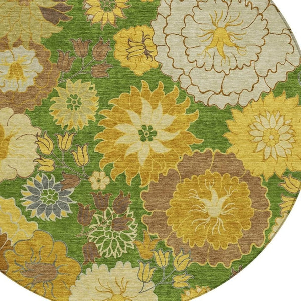 HomeRoots 8' Floral Washable Area Rug - Fern Green, Gold & Beige Round Design for Indoor/Outdoor Spaces 658101