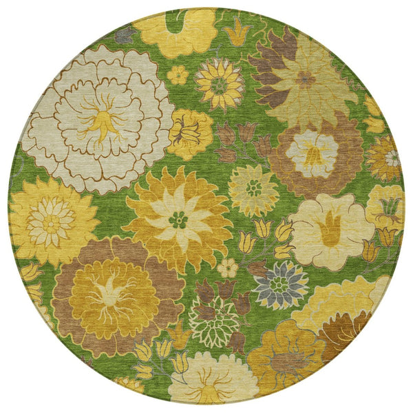 HomeRoots 8' Floral Washable Area Rug - Fern Green, Gold & Beige Round Design for Indoor/Outdoor Spaces 658101