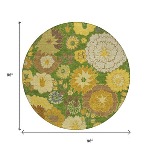 HomeRoots 8' Floral Washable Area Rug - Fern Green, Gold & Beige Round Design for Indoor/Outdoor Spaces 658101